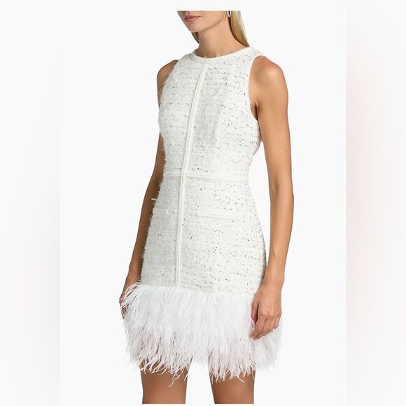 NWOT Milly Raven Feather-Trim Metallic Tweed Minidress, US4/UK8 - Picture 3 of 16